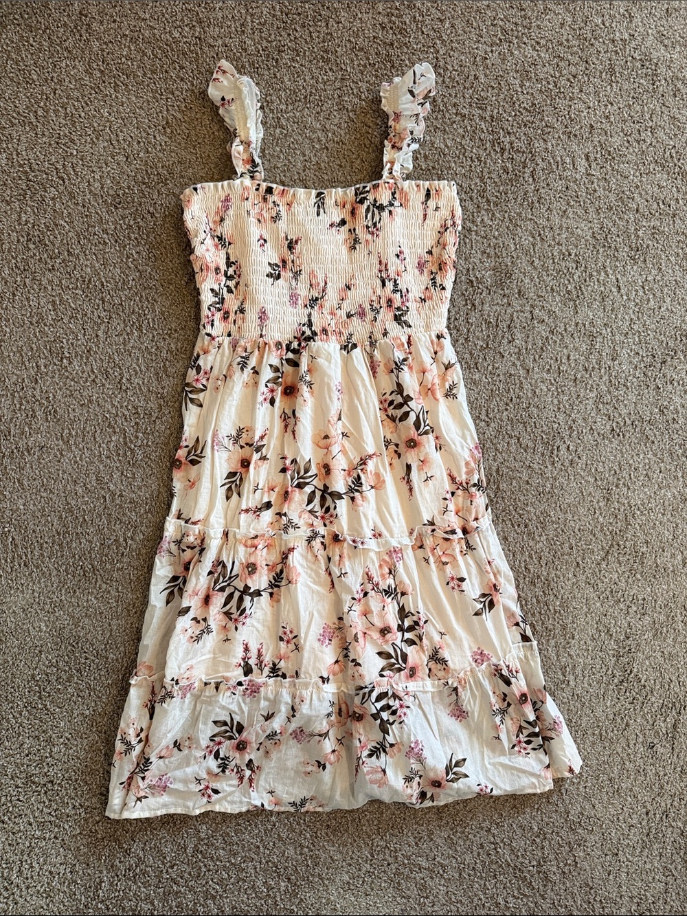 As U Wish Cream Floral Tiered Sundress with Pink Blooms